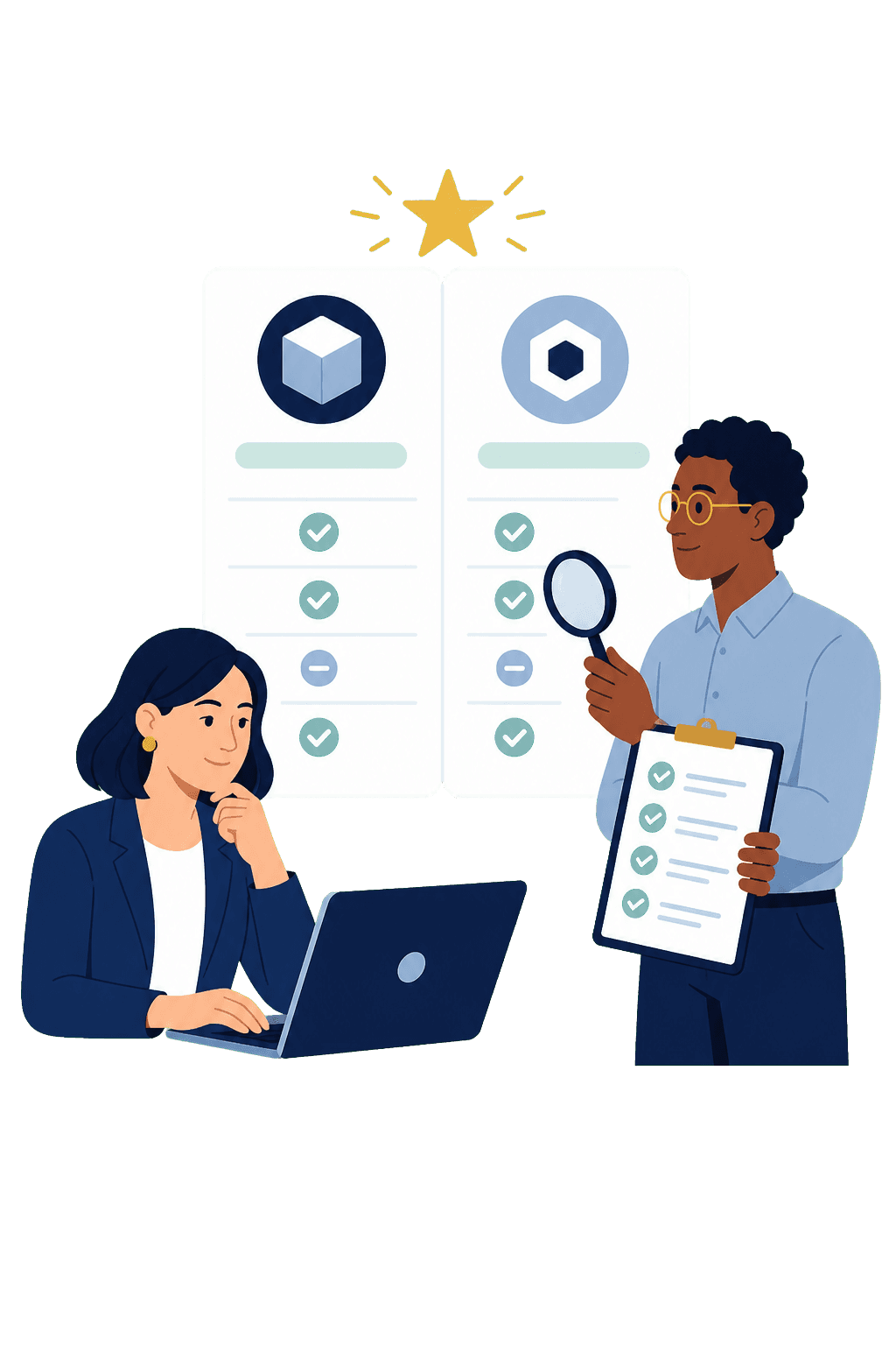 Illustration of people comparing software products side by side