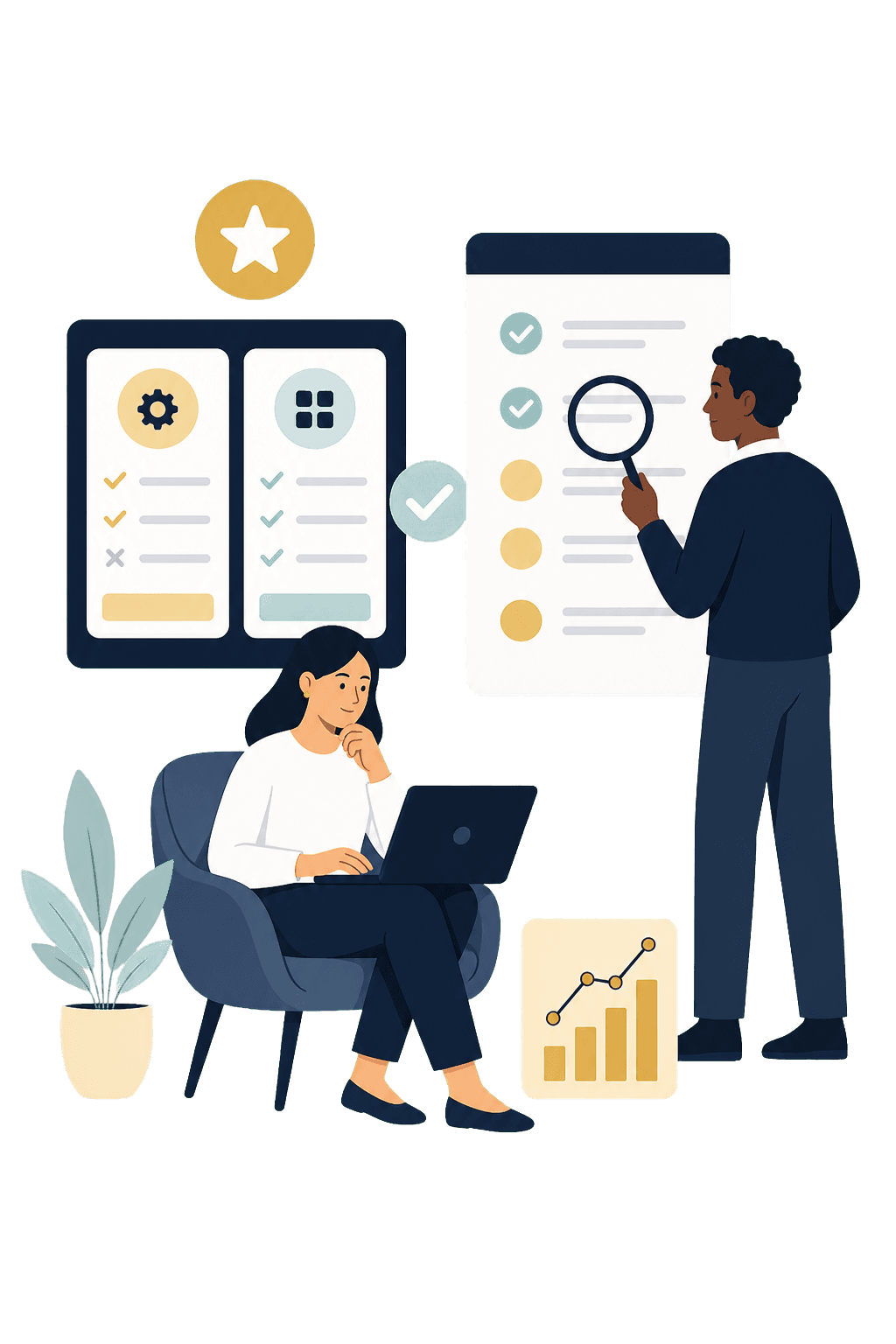 Illustration of people independently researching software reviews
